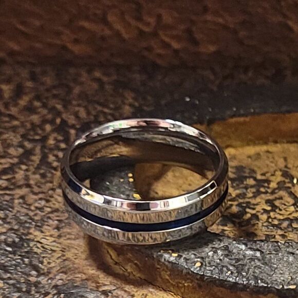 Men's Silver Promise Ring Band - Blue Line Center Groove Blue Line Promise Ring - Picture 6 of 8